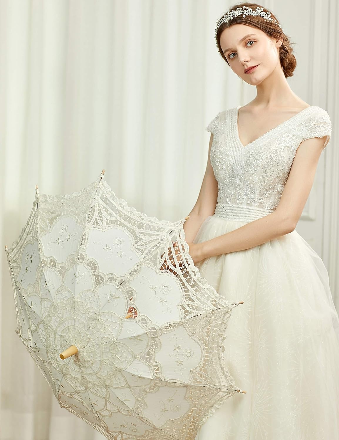 image:imageBABEYOND Lace Umbrella Parasol Vintage Wedding Bridal Umbrella for Decoration Photo Lady Costume 1920s Party ApricotOffWhite