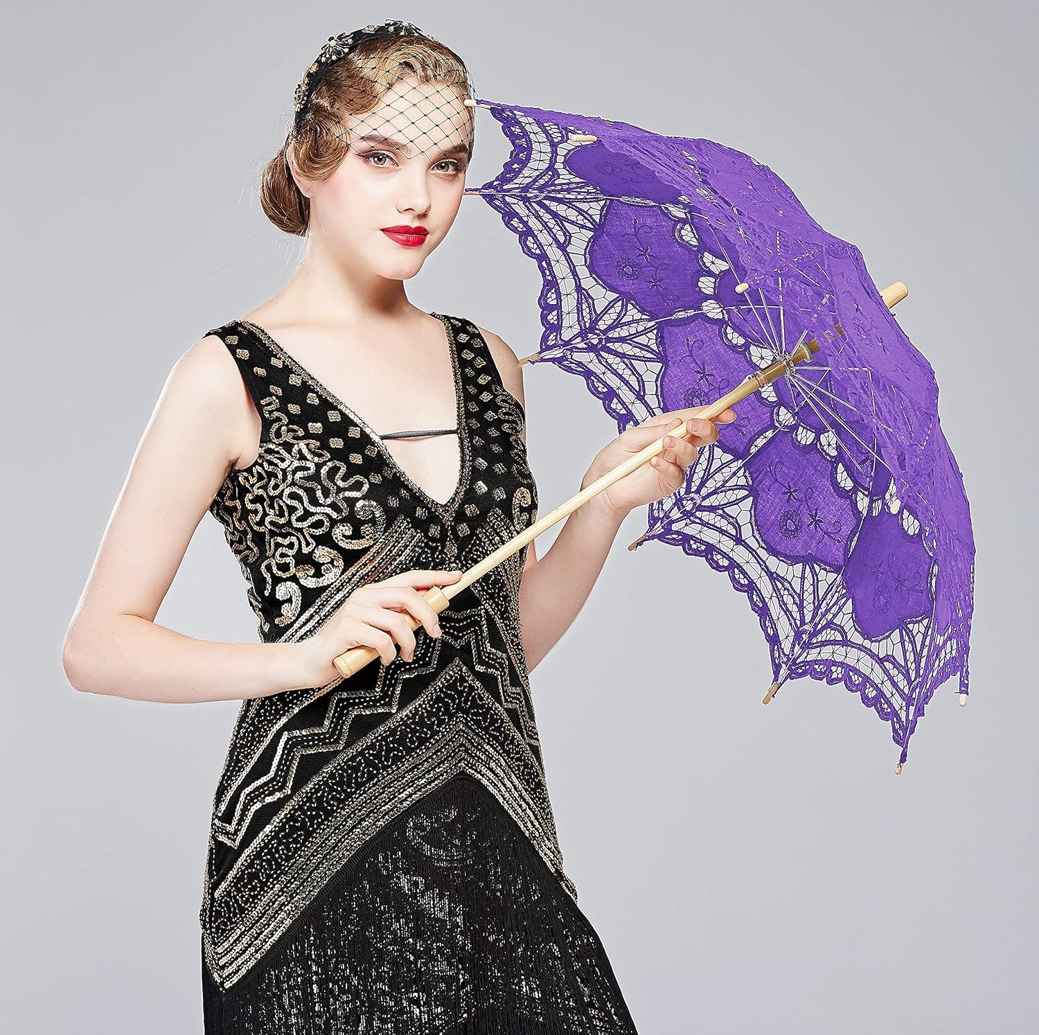 image:imageBABEYOND Lace Umbrella Parasol Vintage Wedding Bridal Umbrella for Decoration Photo Lady Costume 1920s Party ApricotPurple