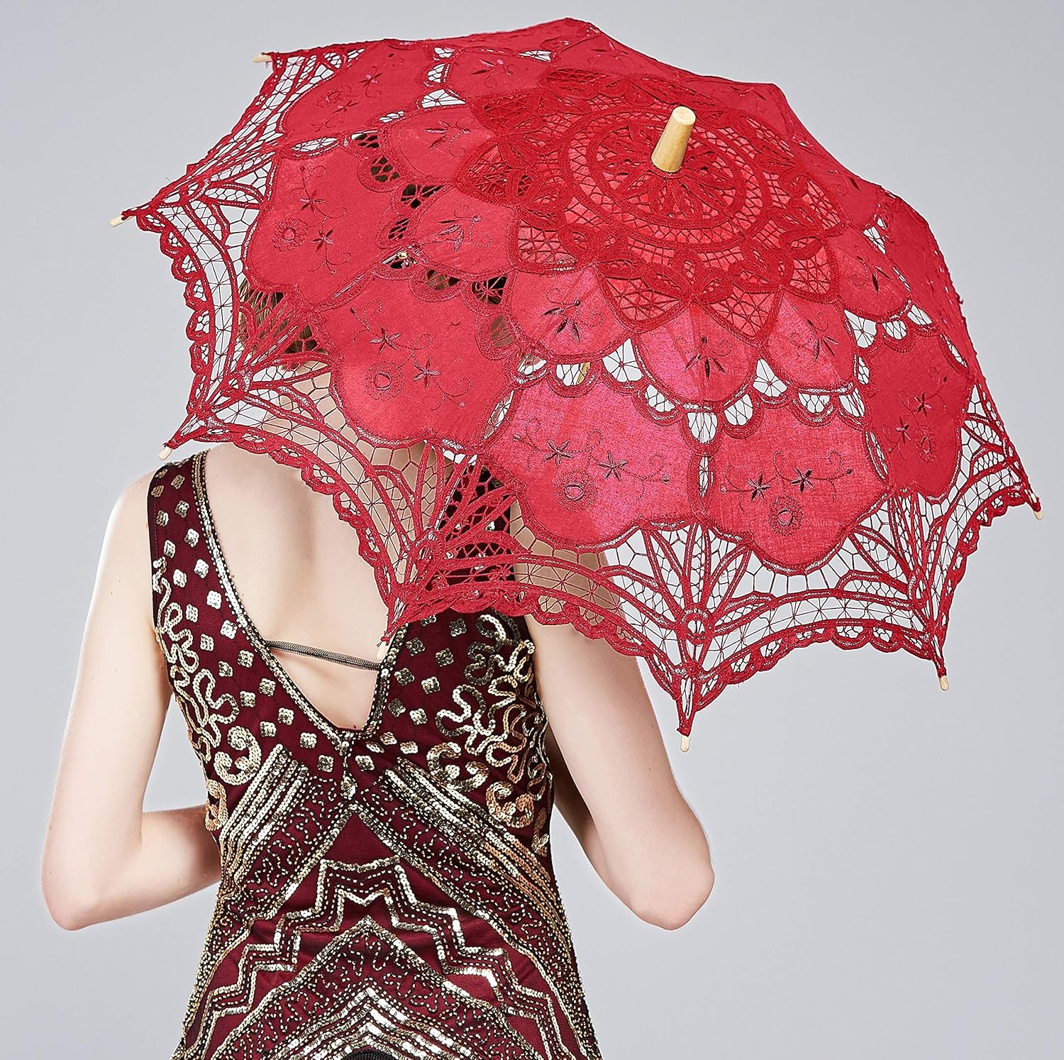 image:imageBABEYOND Lace Umbrella Parasol Vintage Wedding Bridal Umbrella for Decoration Photo Lady Costume 1920s Party ApricotRed