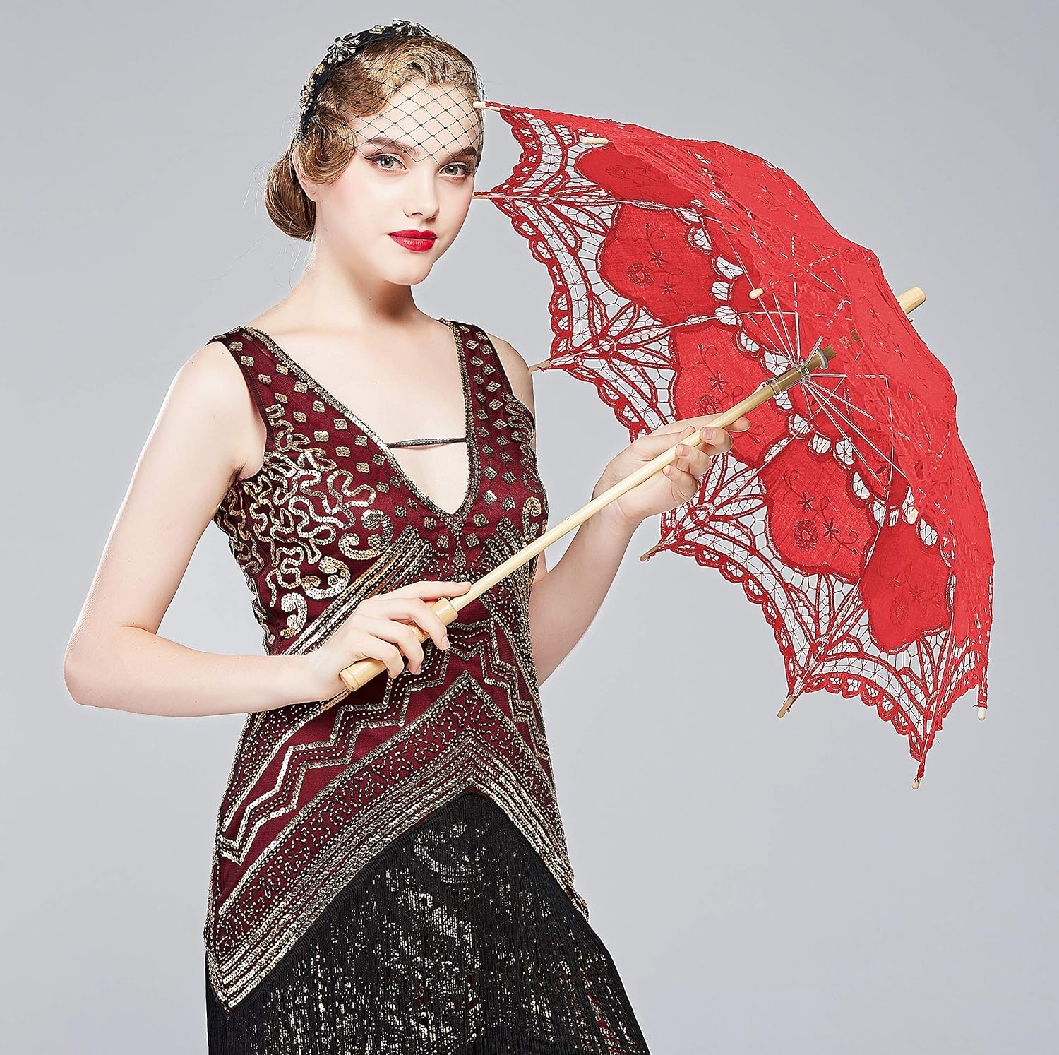 image:imageBABEYOND Lace Umbrella Parasol Vintage Wedding Bridal Umbrella for Decoration Photo Lady Costume 1920s Party ApricotRed