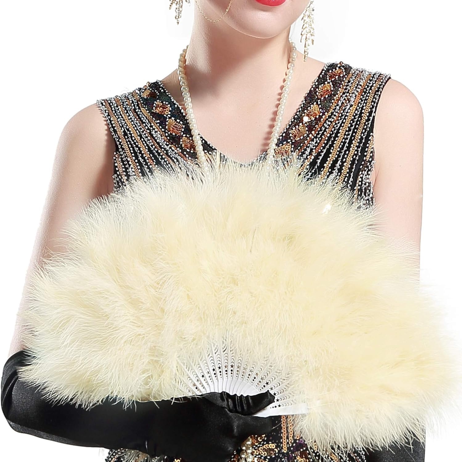 image:imageBABEYOND Marabou Feather Fan 22s Vintage Folding Fan Flapper Hand Fan for Costume Dancing Show Tea Party Wedding DecorationChampagne