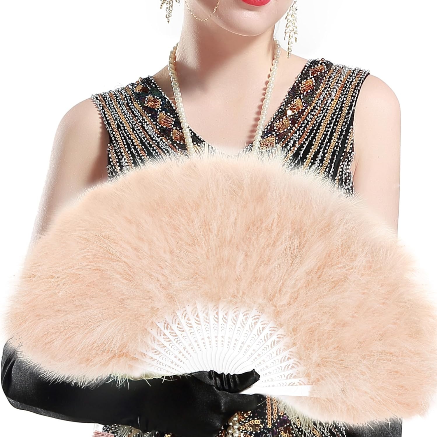 image:imageBABEYOND Marabou Feather Fan 22s Vintage Folding Fan Flapper Hand Fan for Costume Dancing Show Tea Party Wedding DecorationDarkchampagne