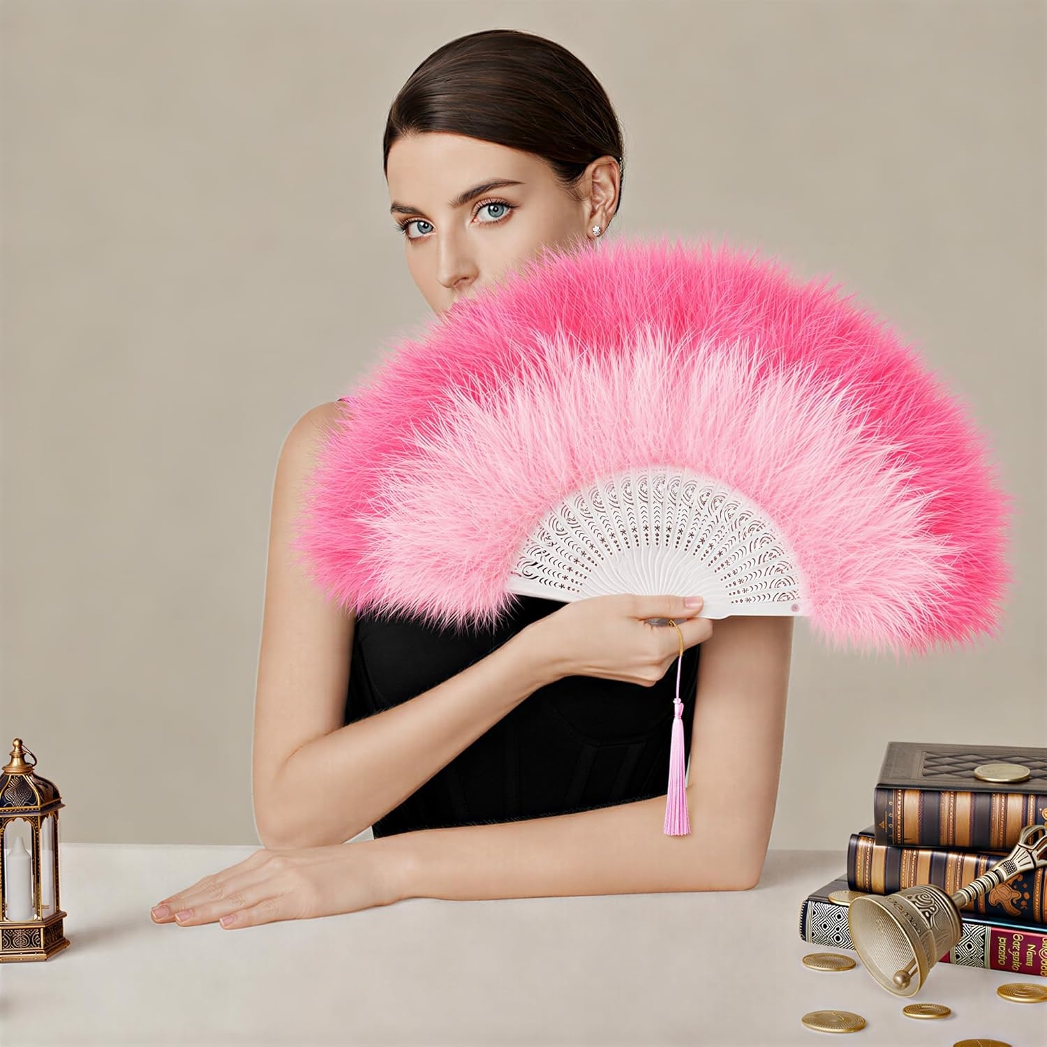 image:imageBABEYOND Marabou Feather Fan 22s Vintage Folding Fan Flapper Hand Fan for Costume Dancing Show Tea Party Wedding DecorationGradientpink