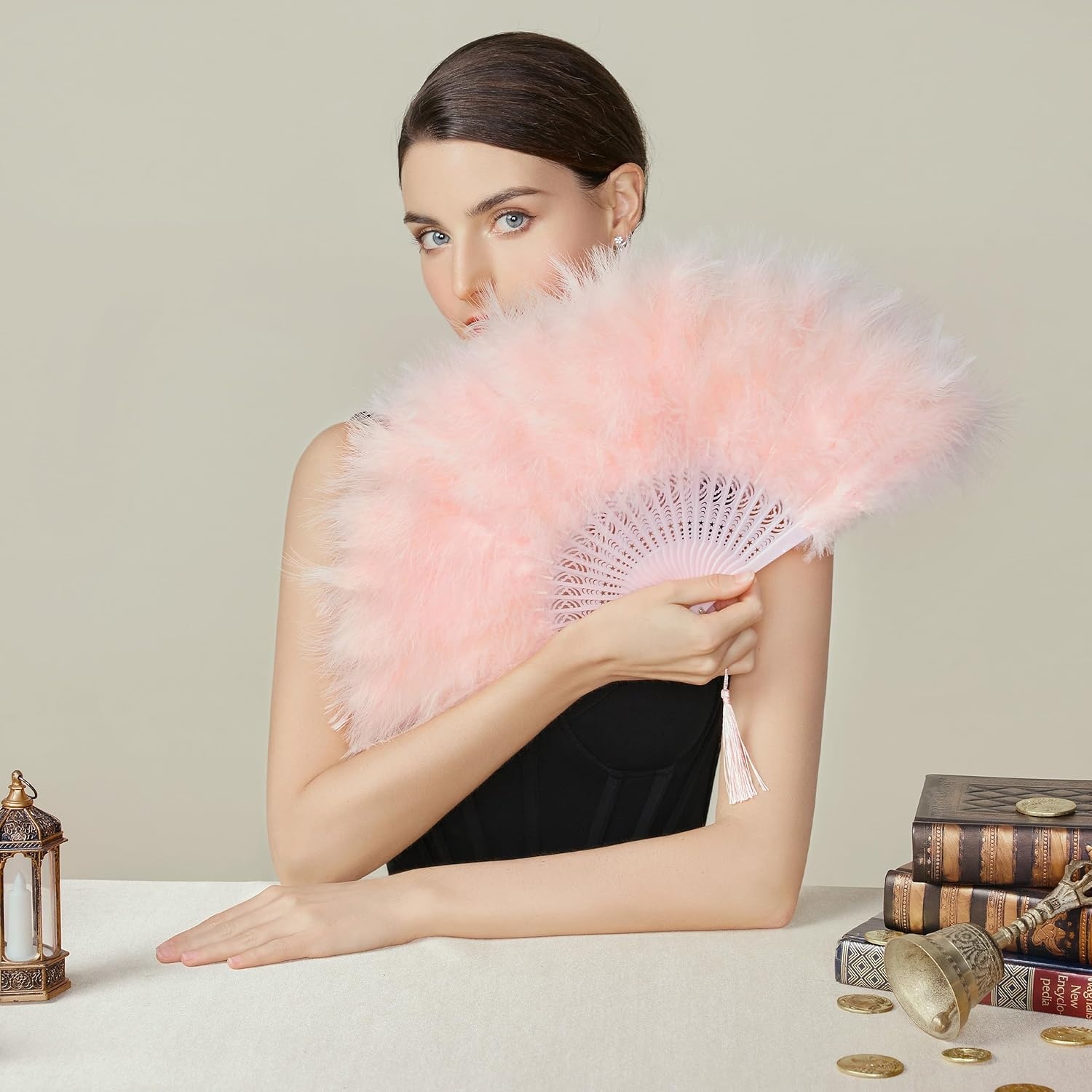 image:imageBABEYOND Marabou Feather Fan 22s Vintage Folding Fan Flapper Hand Fan for Costume Dancing Show Tea Party Wedding DecorationPinkpink Rib