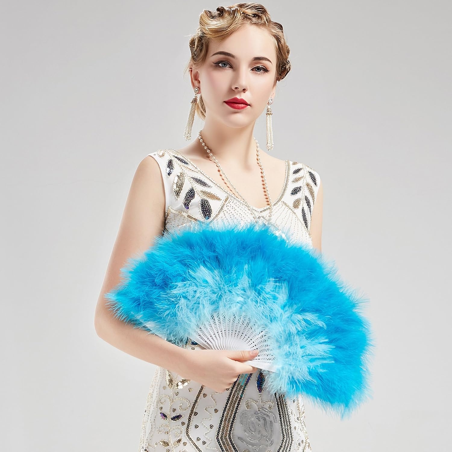 image:imageBABEYOND Marabou Feather Fan 22s Vintage Folding Fan Flapper Hand Fan for Costume Dancing Show Tea Party Wedding DecorationYgradient Blue
