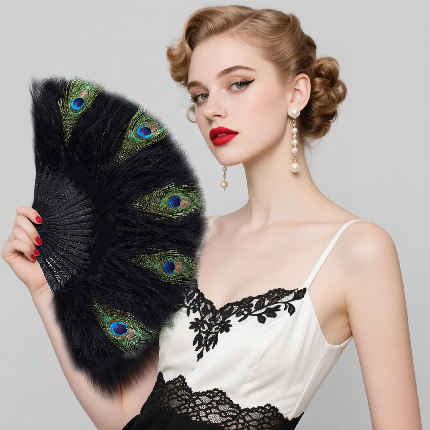 image:imageBABEYOND Marabou Feather Fan 22s Vintage Folding Fan Flapper Hand Fan for Costume Dancing Show Tea Party Wedding DecorationZblackpeacockblack Rib