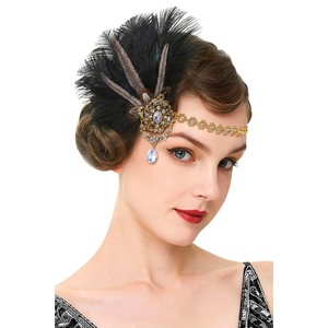 image:imageBABEYOND 1920s Flapper Feather Headpiece for Women Great Gatsby Rhinestone Elastic Headband Handmade Vintage Hair AccessoryBlackBlack