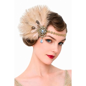 image:imageBABEYOND 1920s Flapper Feather Headpiece for Women Great Gatsby Rhinestone Elastic Headband Handmade Vintage Hair AccessoryBlackChampagne