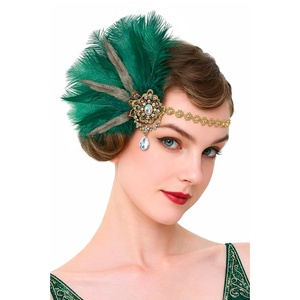 image:imageBABEYOND 1920s Flapper Feather Headpiece for Women Great Gatsby Rhinestone Elastic Headband Handmade Vintage Hair AccessoryBlackGreen