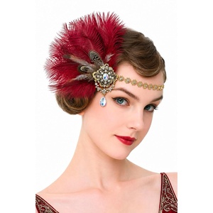 image:imageBABEYOND 1920s Flapper Feather Headpiece for Women Great Gatsby Rhinestone Elastic Headband Handmade Vintage Hair AccessoryBlackWine Red