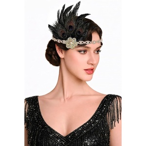 image:imageBABEYOND 1920s Vintage Peacock Feather Headband with Rhinestones Roaring 20s Gatsby Inspired Headpiece for Retro HairstylesGreenBlack