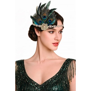 image:imageBABEYOND 1920s Vintage Peacock Feather Headband with Rhinestones Roaring 20s Gatsby Inspired Headpiece for Retro HairstylesGreenGreen