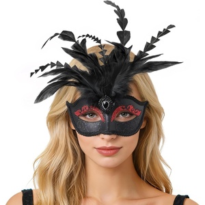 image:imageBABEYOND Black Feather Masquerade Mask with Rhinestones Lace Detailing Elegant Party Accessory for Halloween CostumeBlack Red