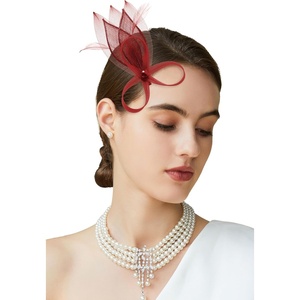 image:imageBABEYOND Fascinator Hair Clip for Women  Tea Party Kentucky Elegant Chic Mesh Feather Flower Bridal Wedding HeadpieceRed
