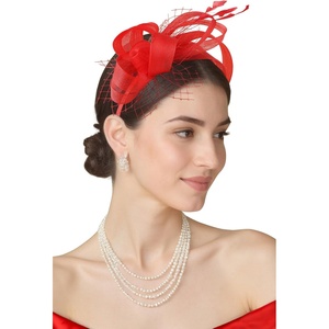 image:imageBABEYOND Fascinators Hats for Women  Tea Party Hat Kentucky Elegant Tulle Feather Ribbon Bridal Wedding Derby HeadbandRed