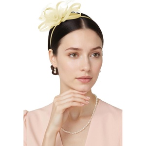 image:imageBABEYOND Fascinators Hats for Women  Tea Party Hats Kentucky Elegant Tulle Feather Bridal Wedding Ribbon Headband Hair ClipBeige