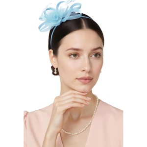 image:imageBABEYOND Fascinators Hats for Women  Tea Party Hats Kentucky Elegant Tulle Feather Bridal Wedding Ribbon Headband Hair ClipLight Blue