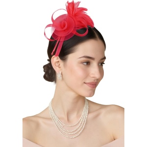 image:imageBABEYOND Fascinators Hats for Women  Tea Party Hats Kentucky Elegant Tulle Mesh Feather Bridal Wedding Headband Hair ClipRed