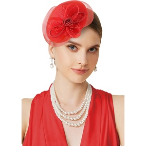 image:imageBABEYOND Fascinators Hats for Women  Tea Party Kentucky Fascinator Derby Knot Tulle Pillbox Church Hat for Bridal WeddingRed