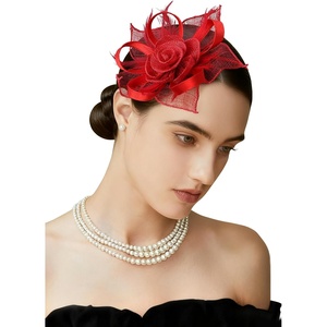 image:imageBABEYOND Fascinators Hats for Women  Tea Party Kentucky Fascinator Flower Derby Hat Linen Feathers Headband with Hair ClipRed