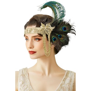 image:imageBABEYOND Flapper Headpiece for Women  1920s Headband Roaring 20s Gatsby Accessories Peacock Feather Tassel ChainBeigeGreen