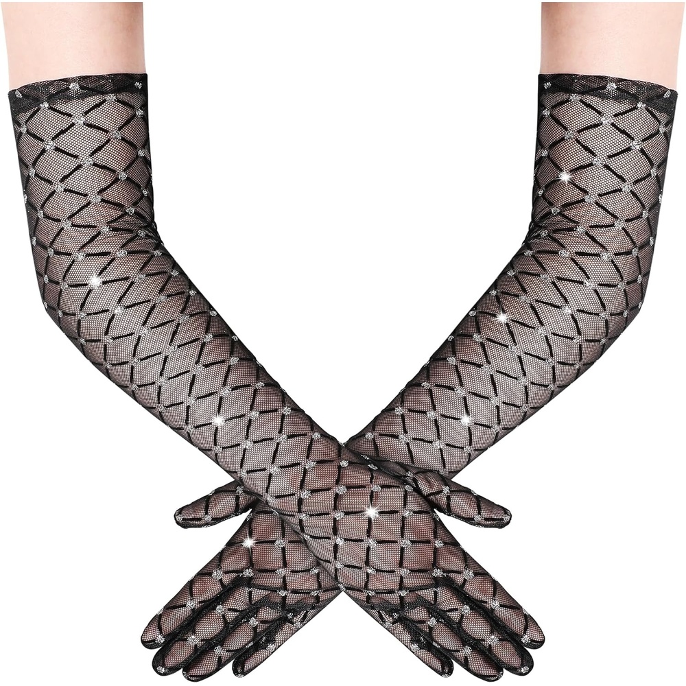 image:imageBABEYOND Mesh Gloves for Women  Sheer Gloves Sparkly Long Vintage Evening Stretchy Costumes Accessories for Prom WeddingBlack