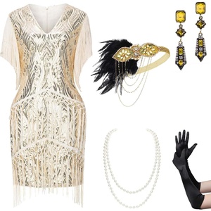 image:imageBABEYOND 1920s Flapper Dress Long Fringed Gatsby Roaring 20s Sequins Beaded Vintage Art Deco2 Set  Beige