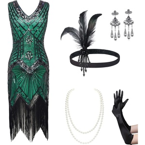image:imageBABEYOND 1920s Flapper Dress V Neck Sequin Beaded Dress Roaring 20s Gatsby Fringe Party DressSet  Dark Green