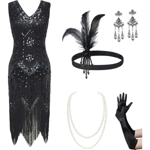 image:imageBABEYOND 1920s Flapper Dress V Neck Sequin Beaded Dress Roaring 20s Gatsby Fringe Party DressSet  Glamblack