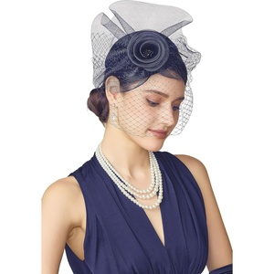 image:imageBABEYOND Fascinators Hats for Women  Tea Party Hat Kentucky Fascinator Derby Flower Mesh Veil Pillbox Hat for Bridal WeddingNavy Blue