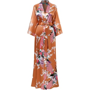 image:imageBABEYOND Womens Kimono Robe Long Satin Robes with Peacock and Blossoms Printed Kimono NightgownCaramel