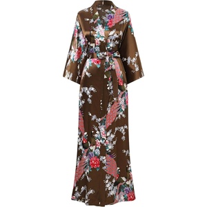 image:imageBABEYOND Womens Kimono Robe Long Satin Robes with Peacock and Blossoms Printed Kimono NightgownCoffee